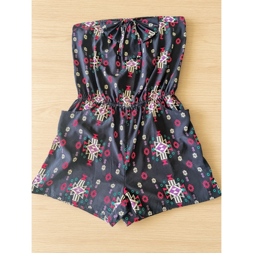 Mmcmm Women Strapless Geometric Tribal Print Romper Navy Blue Large DT142-PDKP